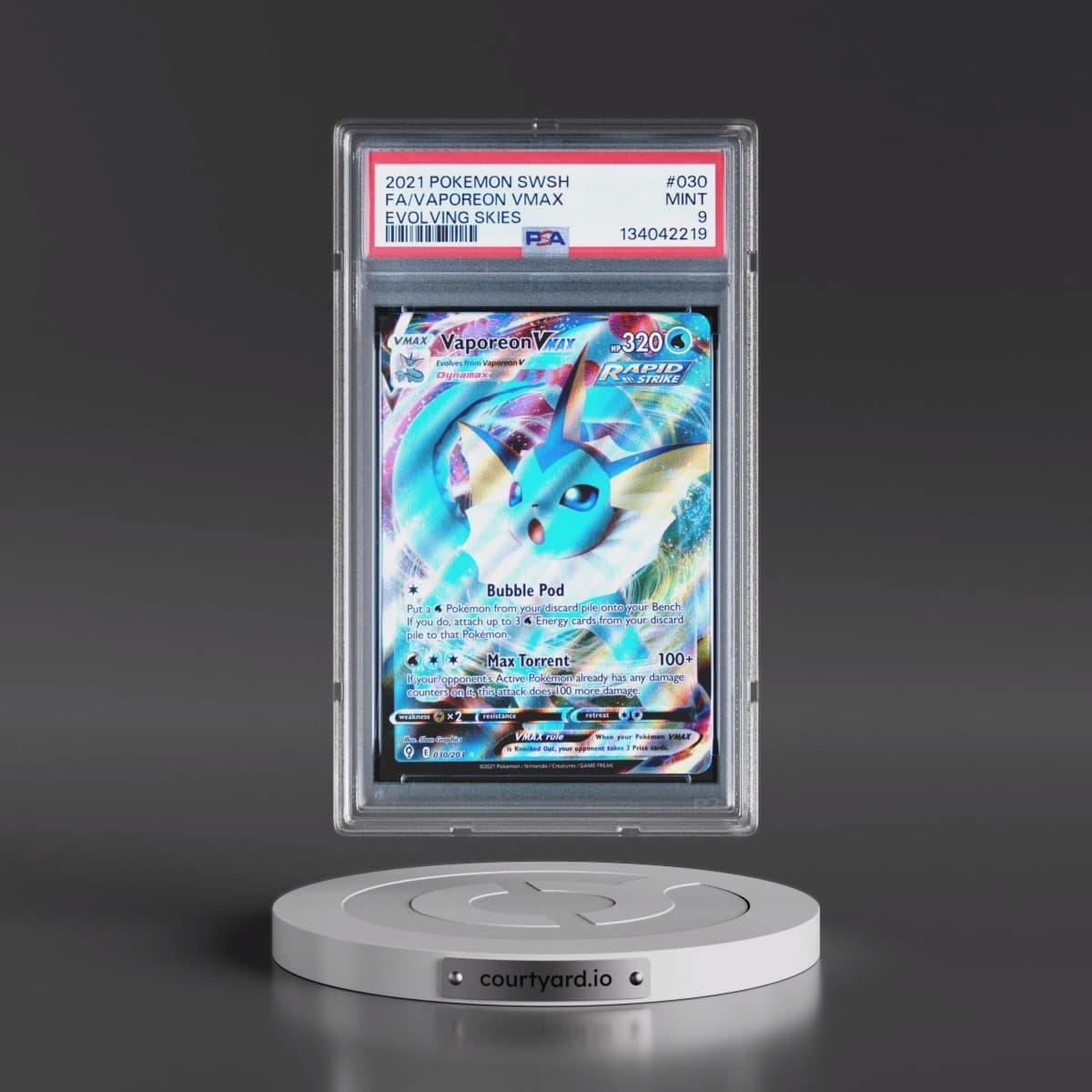 2021 Pokémon Sword & Shield Evolving Skies #030 Vaporeon Vmax - Full Art (PSA 9 MINT)