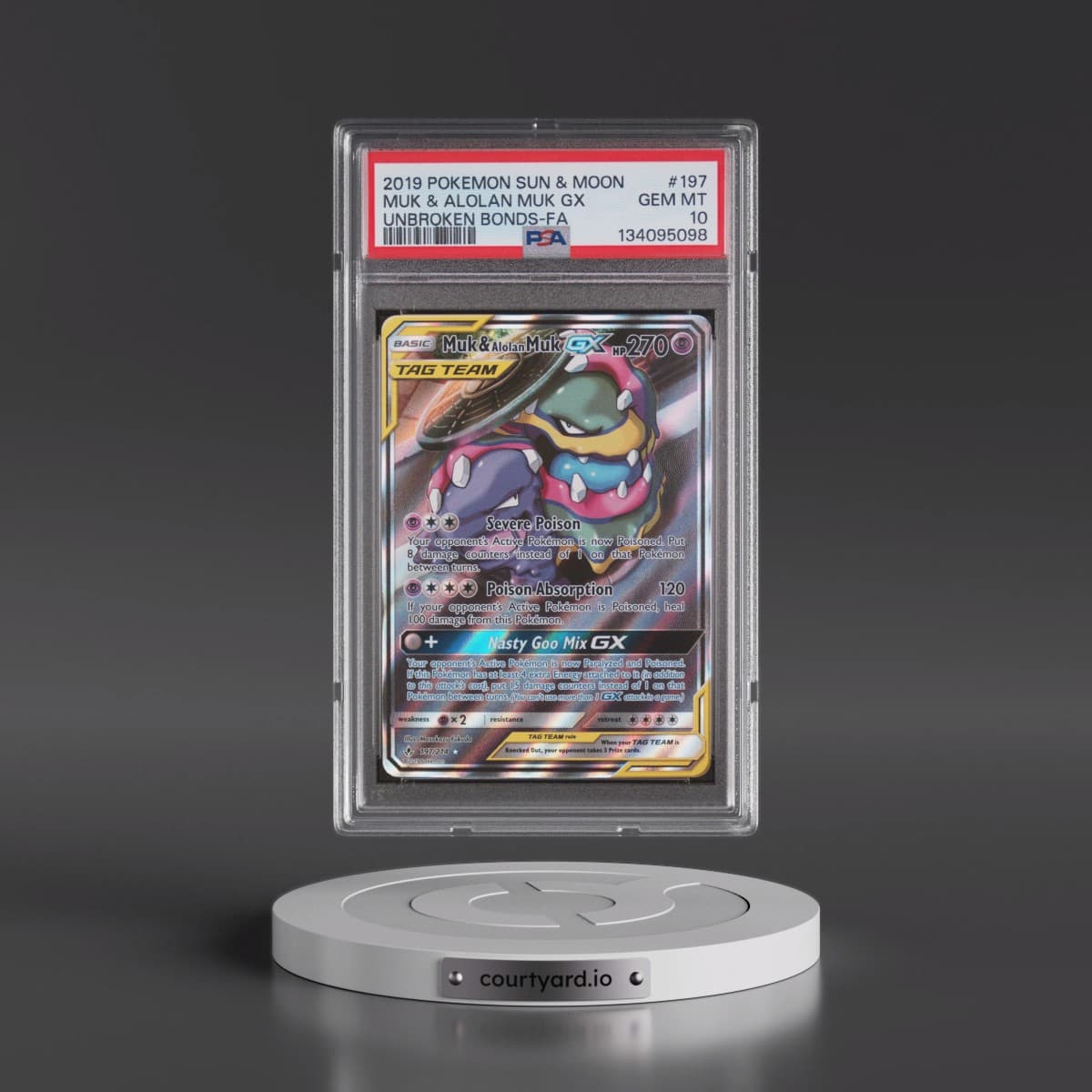 2019 Pokémon Sun & Moon Unbroken Bonds #197 Muk & Alolan Muk GX - Holo Full Art (PSA 10 GEM MINT)