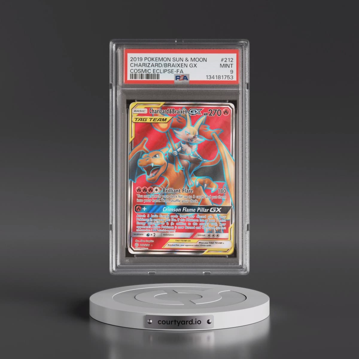 2019 Pokémon Sun & Moon Cosmic Eclipse #212 Charizard & Braixen GX - Holo Full Art (PSA 9 MINT)