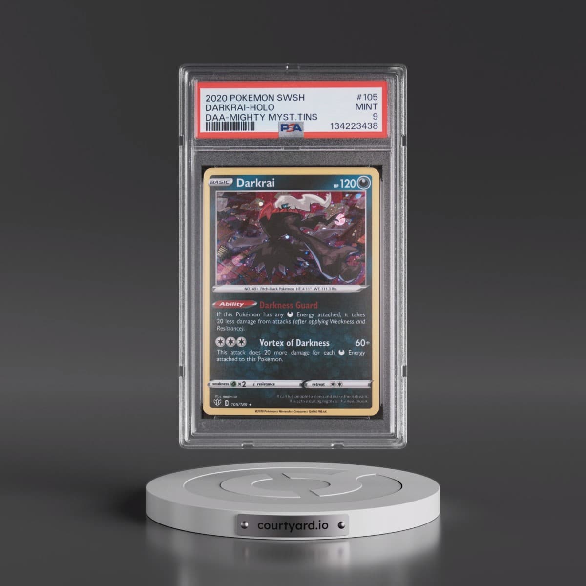 2020 Pokémon Sword & Shield Darkness Ablaze #105 Darkrai - Holo 2021 Mighty Mysterious Tins (PSA 9 MINT)