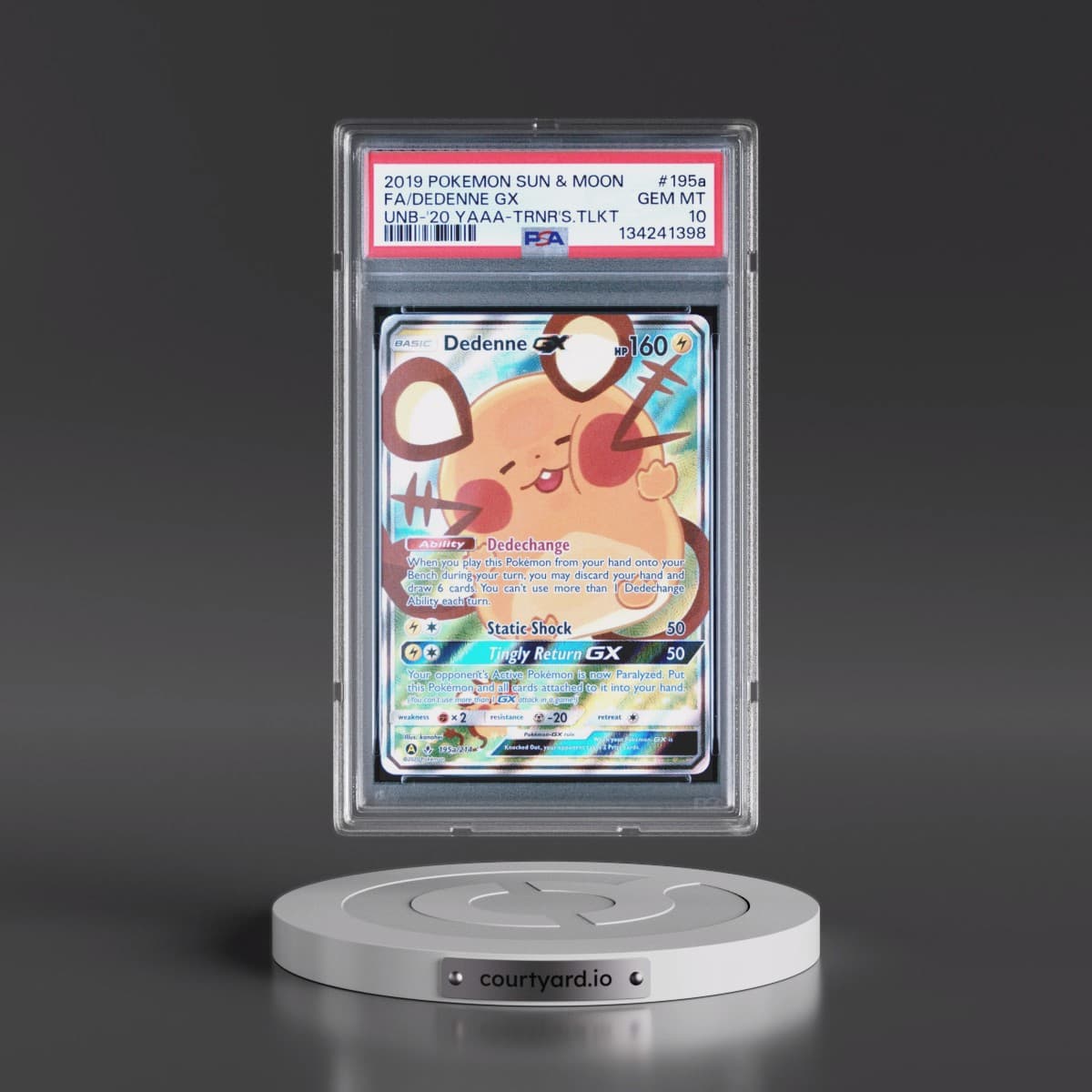 2019 Pokémon Sun & Moon Unbroken Bonds #195a Dedenne GX - Holo Full Art 2020 Yellow A Alternate Art Trainer's Toolkit (PSA 10 GEM MINT)