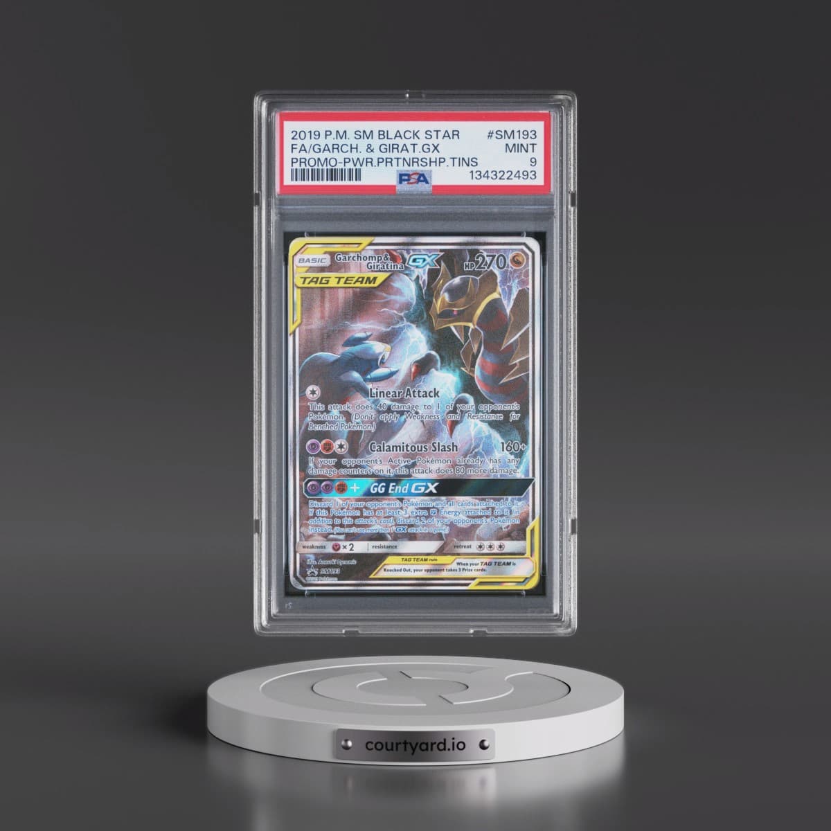 2019 Pokémon SM Black Star Promo #SM193 Garchomp & Giratina GX - Holo Full Art Power Partnership Tins (PSA 9 MINT)