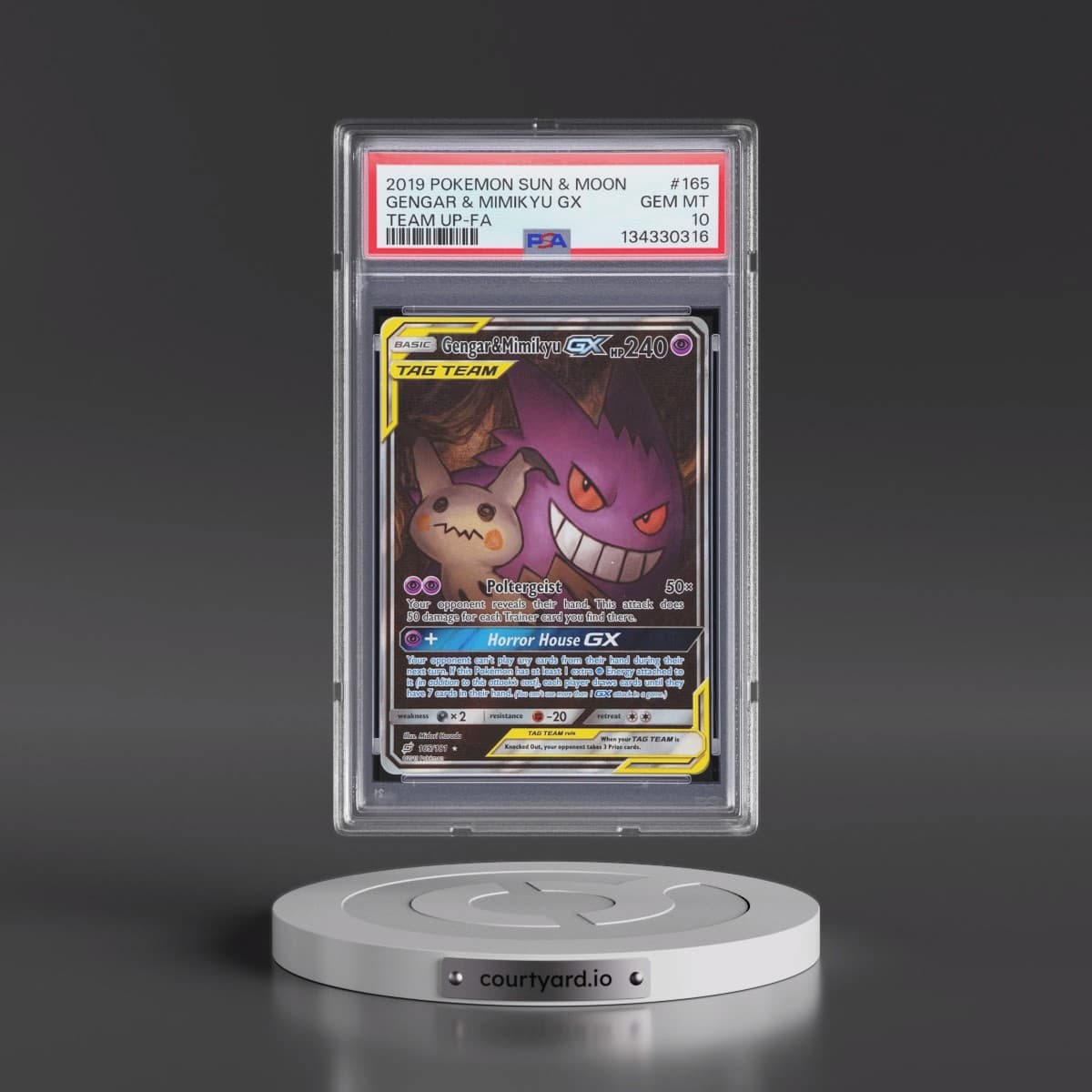 2019 Pokémon Sun & Moon Team Up #165 Gengar & Mimikyu GX - Holo Full Art (PSA 10 GEM MINT)