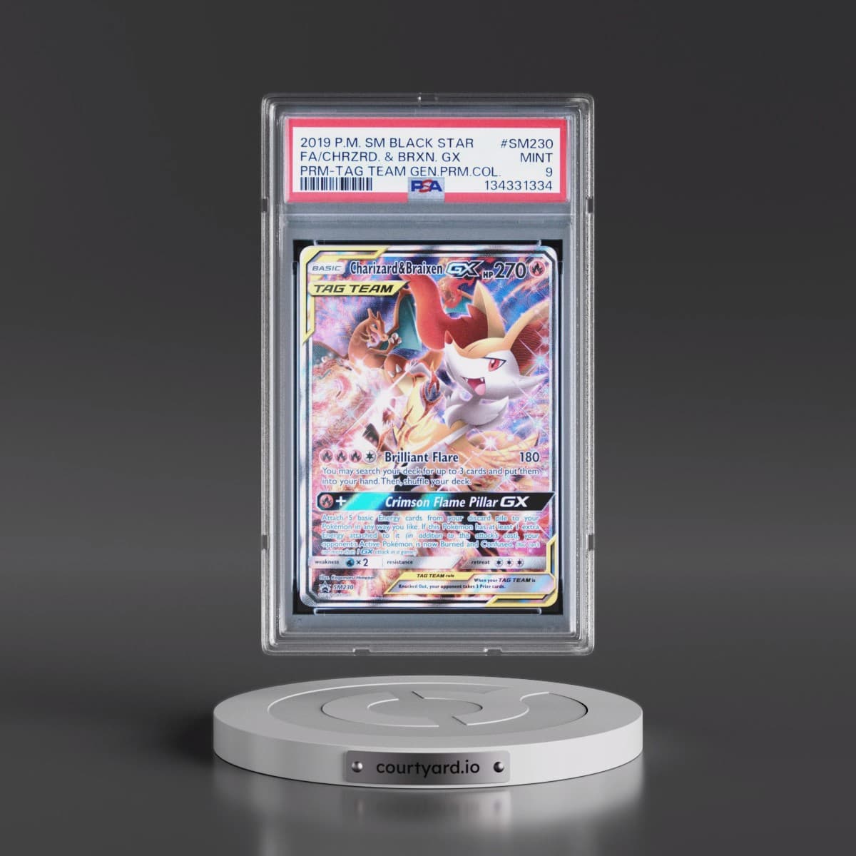 2019 Pokémon SM Black Star Promo #SM230 Charizard & Braixen GX - Holo Full Art Tag Team Generations Premium Collection (PSA 9 MINT)