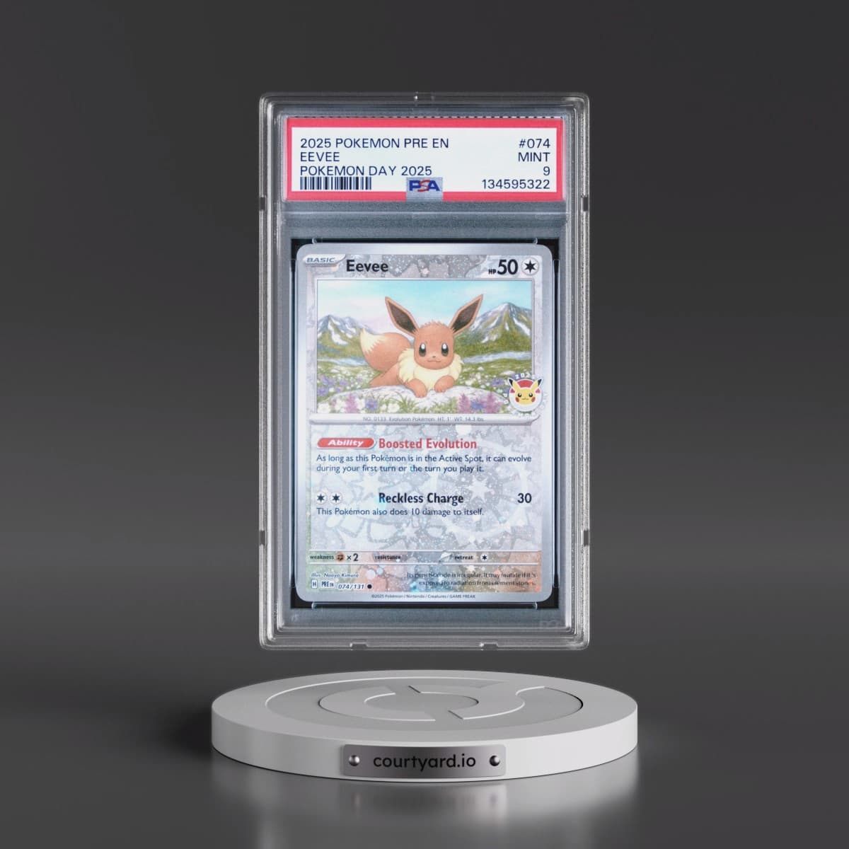 2025 Pokémon Pre EN-Prismatic Evolutions #074 Eevee - Pokemon Day 2025 (PSA 9 MINT)