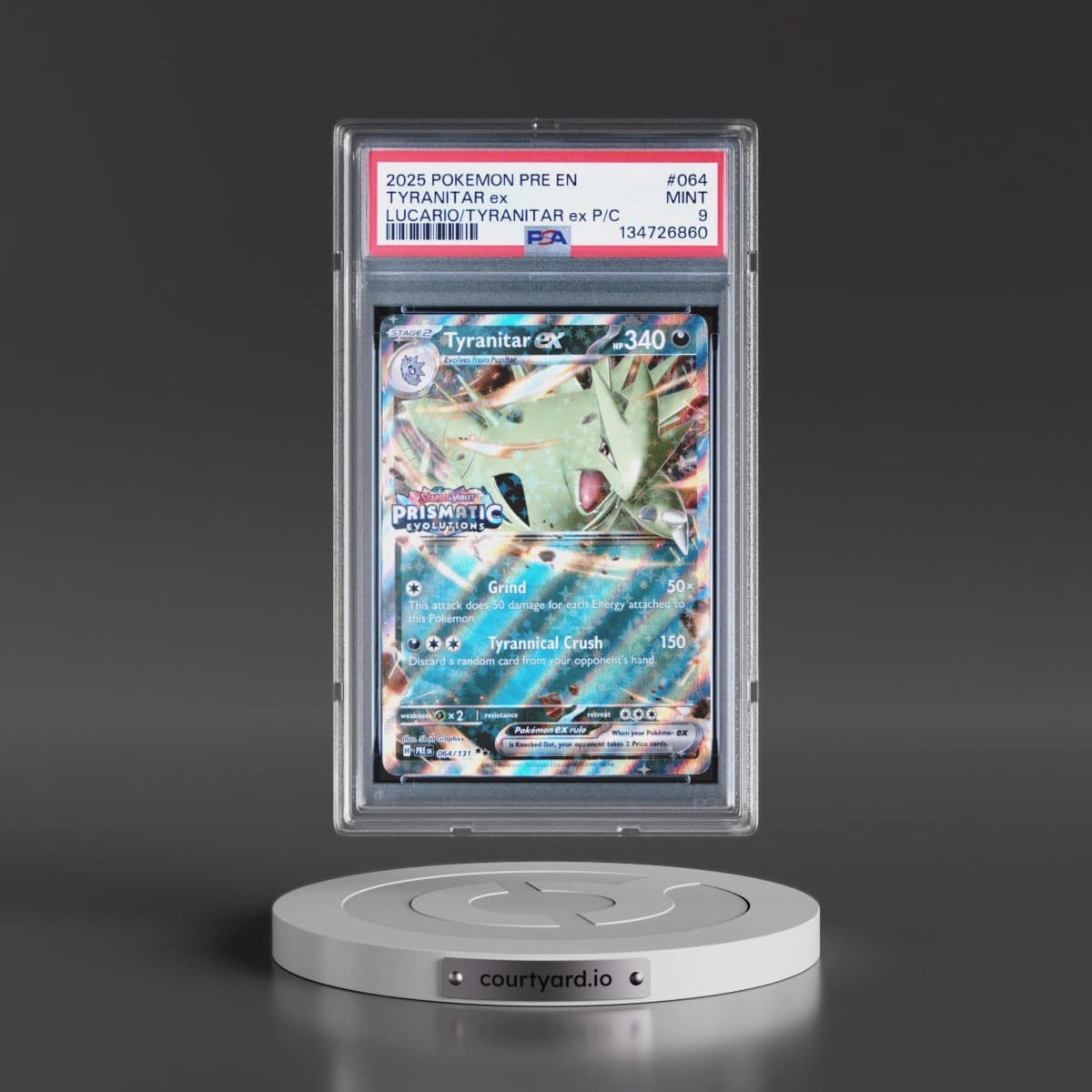 2025 Pokémon Pre EN-Prismatic Evolutions #064 Tyranitar EX - Holo Lucario EX & Tyranitar EX Premium Collection (PSA 9 MINT)