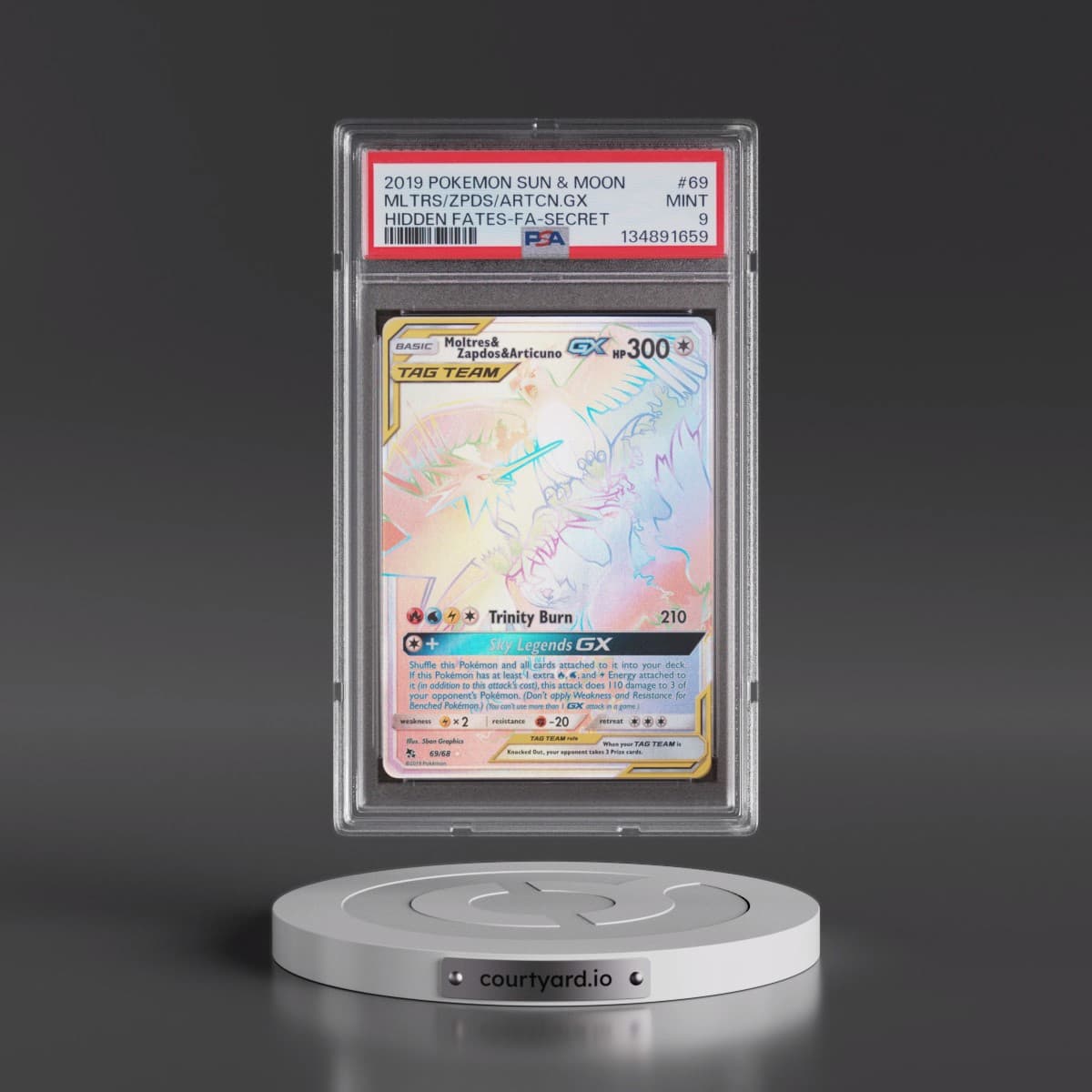 2019 Pokémon Sun & Moon Hidden Fates #69 Moltres & Zapdos & Articuno GX - Holo Full Art Secret (PSA 9 MINT)
