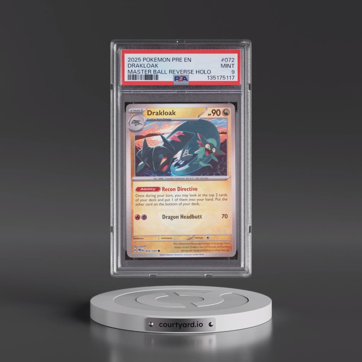 2025 Pokémon Pre EN-Prismatic Evolutions #072 Drakloak - Reverse Holo Master Ball (PSA 9 MINT)