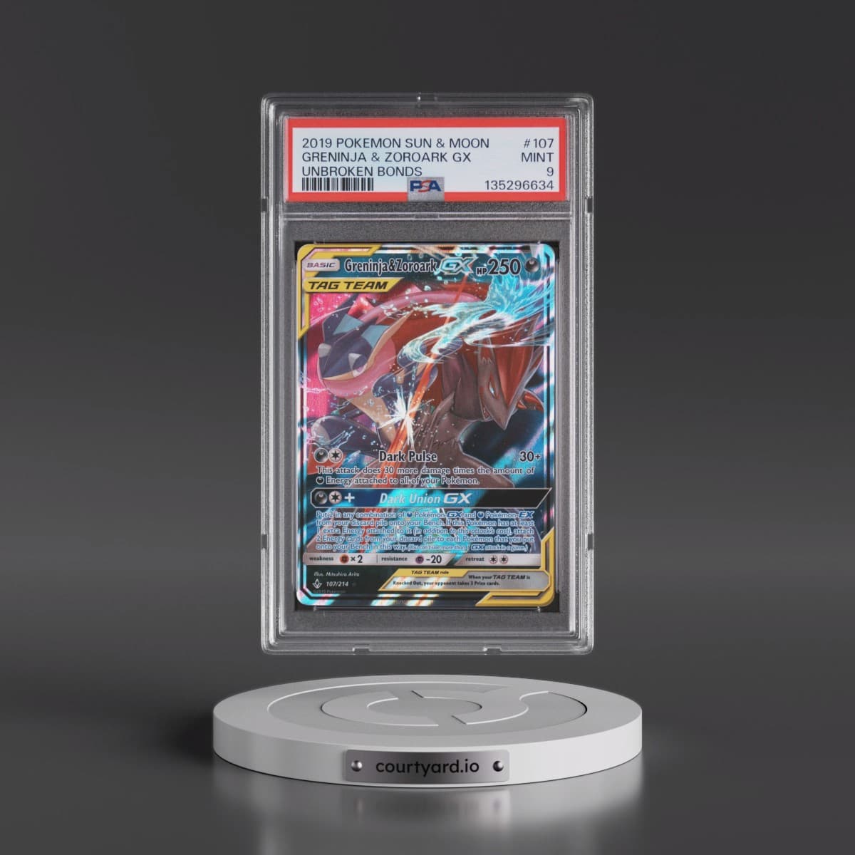 2019 Pokémon Sun & Moon Unbroken Bonds #107 Greninja & Zoroark GX - Holo (PSA 9 MINT)