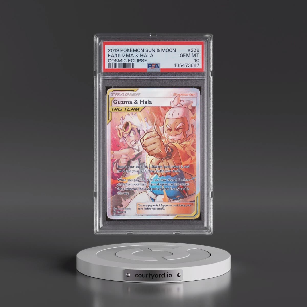 2019 Pokémon Sun & Moon Cosmic Eclipse #229 Guzma & Hala - Full Art (PSA 10 GEM MINT)