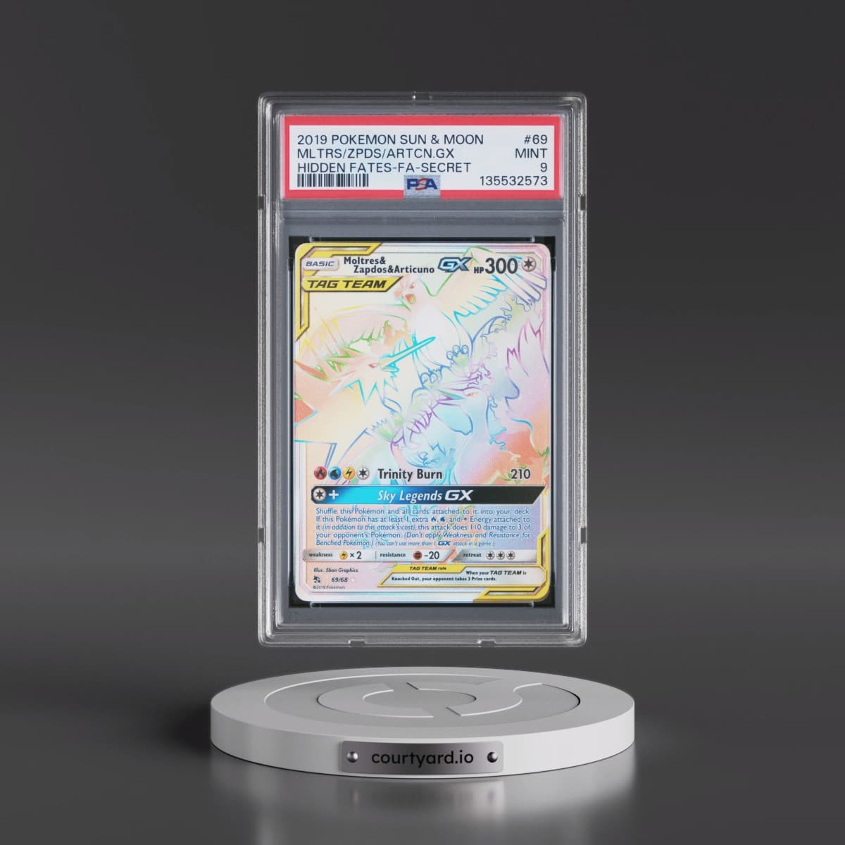 2019 Pokémon Sun & Moon Hidden Fates #69 Moltres & Zapdos & Articuno GX - Holo Full Art Secret (PSA 9 MINT)