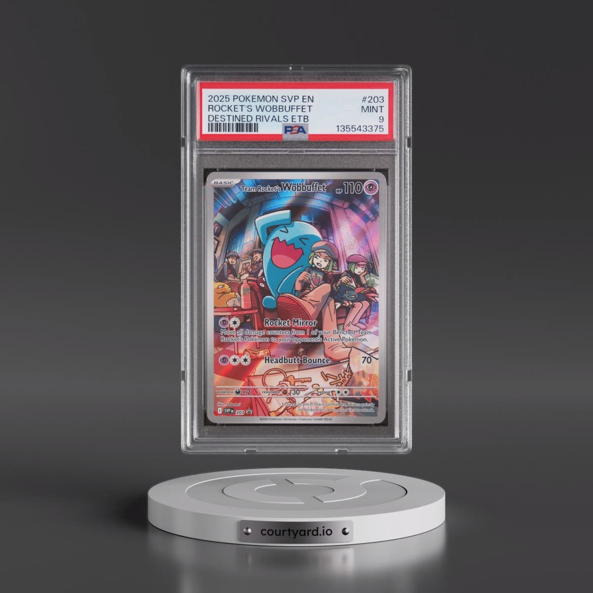 2025 Pokémon Svp EN-SV Black Star Promo #203 Team Rocket's Wobbuffet - Destined Rivals Elite Trainer Box (PSA 9 MINT)