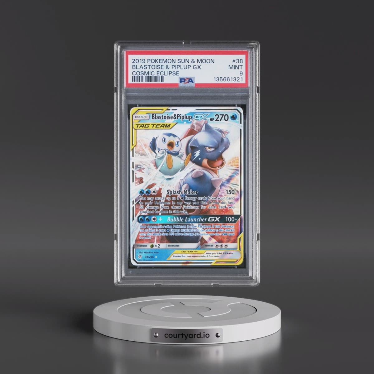 2019 Pokémon Sun & Moon Cosmic Eclipse #38 Blastoise & Piplup GX - Holo (PSA 9 MINT)