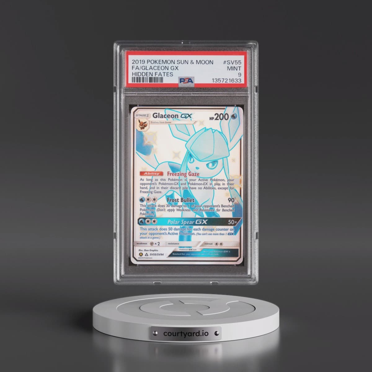 2019 Pokémon Sun & Moon Hidden Fates #SV55 Glaceon GX - Holo Full Art (PSA 9 MINT)