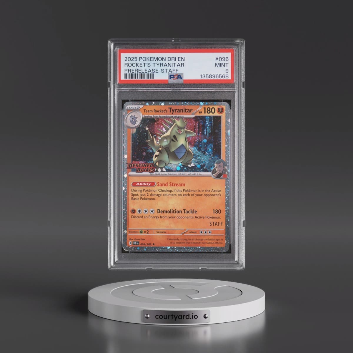 2025 Pokémon Dri EN-Destined Rivals #096 Team Rocket's Tyranitar - Prerelease-Staff (PSA 9 MINT)