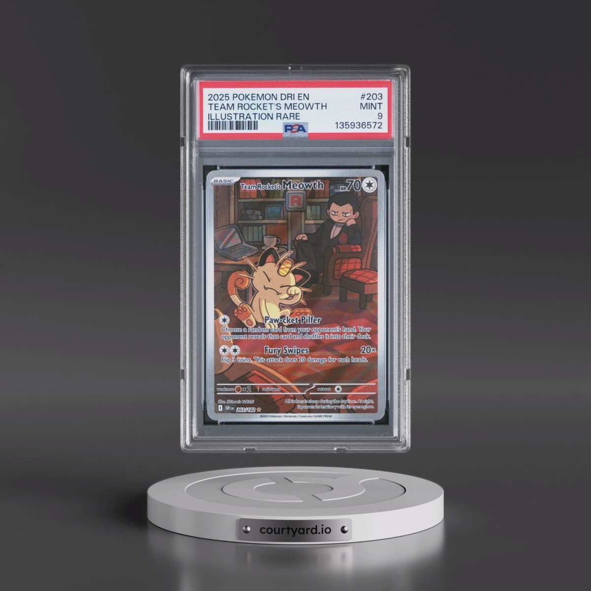 2025 Pokémon Dri EN-Destined Rivals #203 Team Rocket's Meowth - Illustration Rare (PSA 9 MINT)