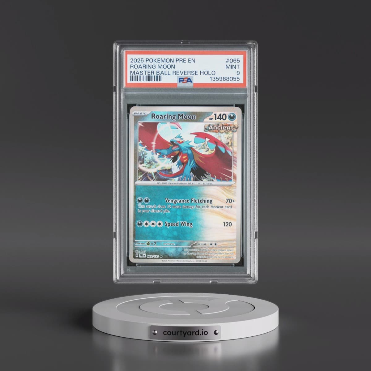 2025 Pokémon Pre EN-Prismatic Evolutions #065 Roaring Moon - Reverse Holo Master Ball (PSA 9 MINT)