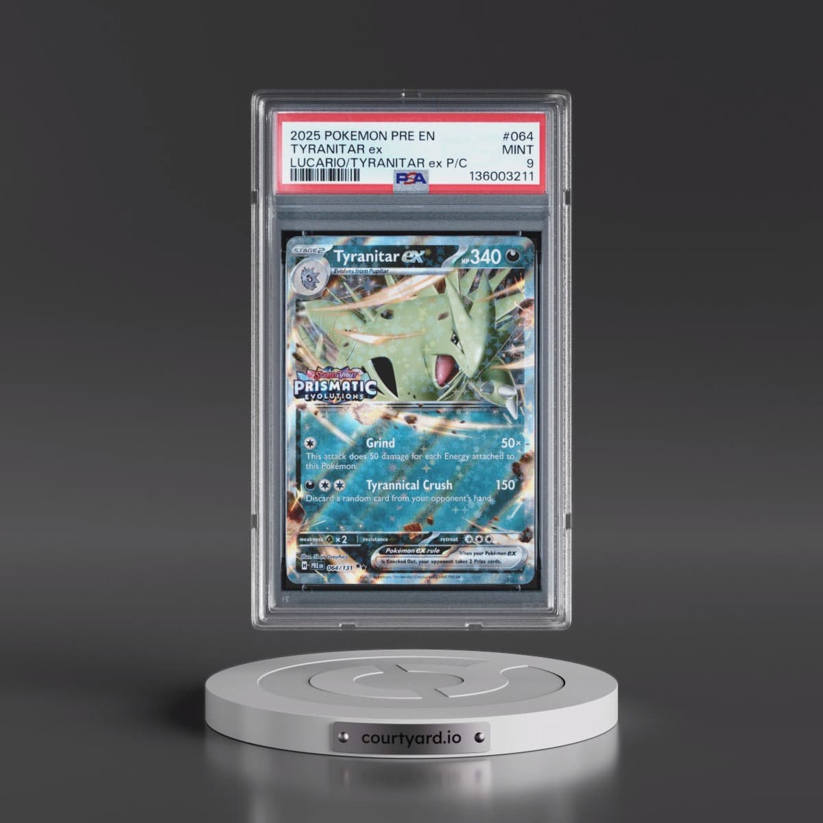 2025 Pokémon Pre EN-Prismatic Evolutions #064 Tyranitar EX - Holo Lucario EX & Tyranitar EX Premium Collection (PSA 9 MINT)