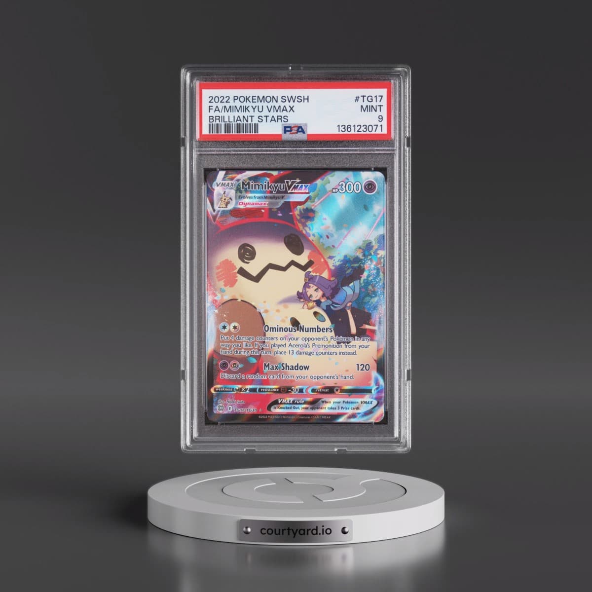 2022 Pokémon Sword & Shield Brilliant Stars #TG17 Mimikyu Vmax - Full Art (PSA 9 MINT)