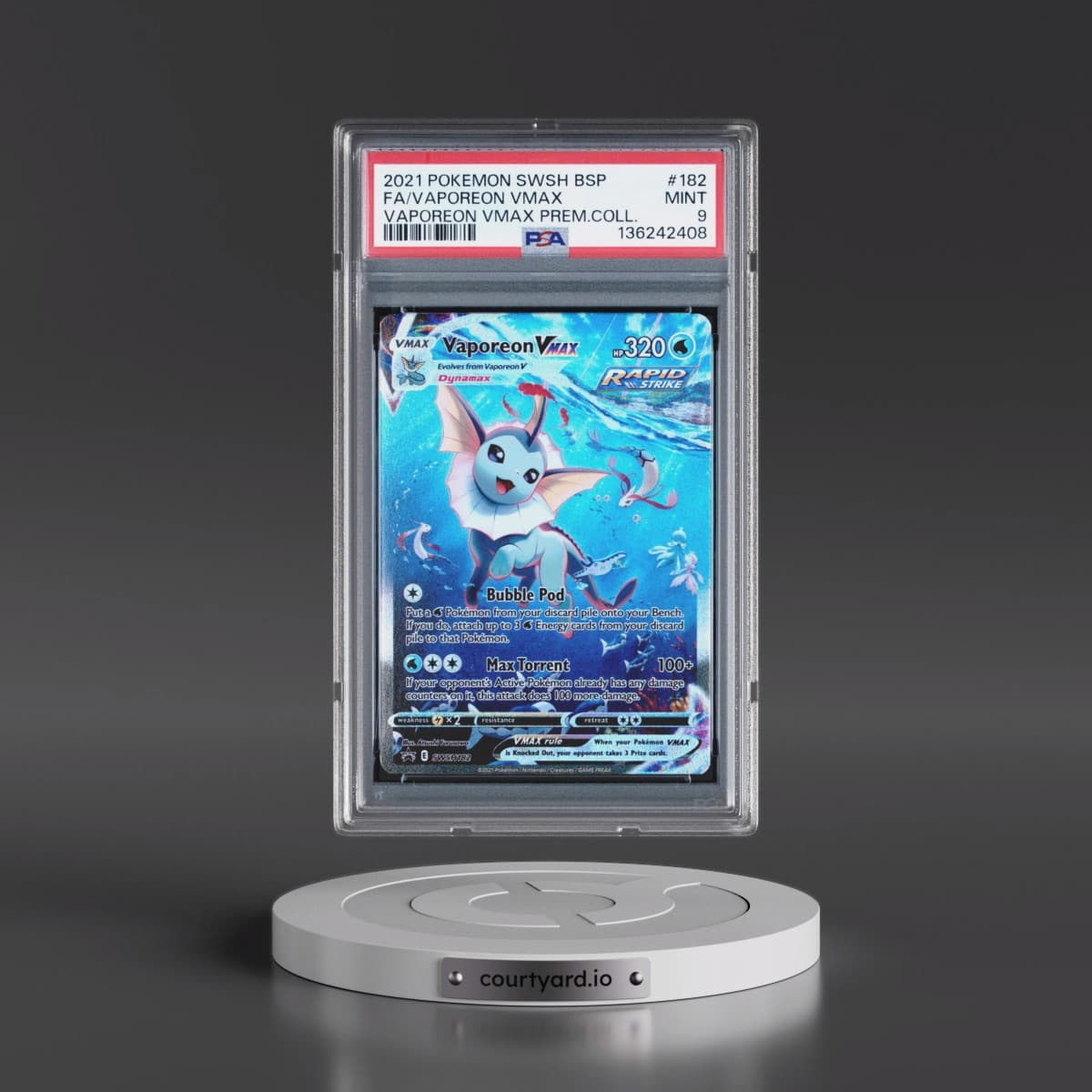 2021 Pokémon Swsh Black Star Promo #182 Vaporeon Vmax - Full Art Vaporeon Vmax Premium Collection (PSA 9 MINT)