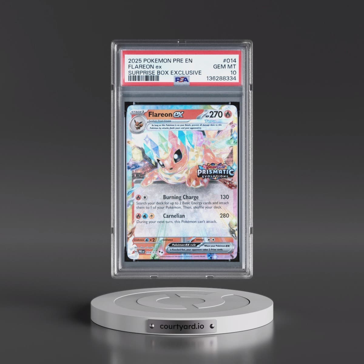 2025 Pokémon Pre EN-Prismatic Evolutions #014 Flareon EX - Holo Surprise Box Exclusive (PSA 10 GEM MINT)