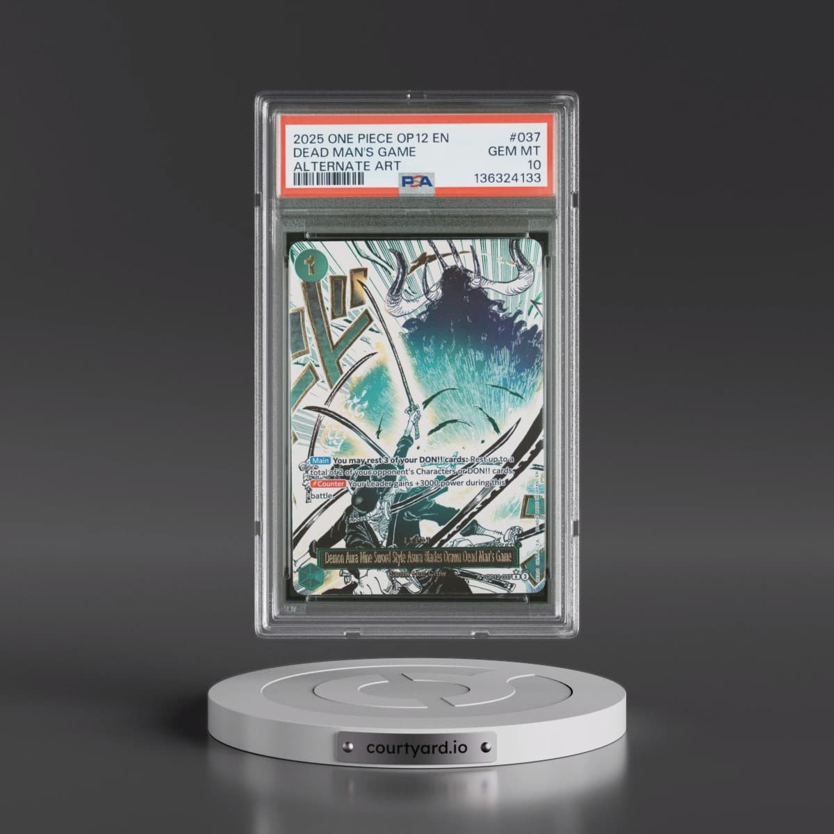 2025 One Piece OP12-Legacy of the Master #037 Demon Aura Nine-Sword Style Asura Blades Drawn Dead Man's Game - Alternate Art (PSA 10 GEM MINT)