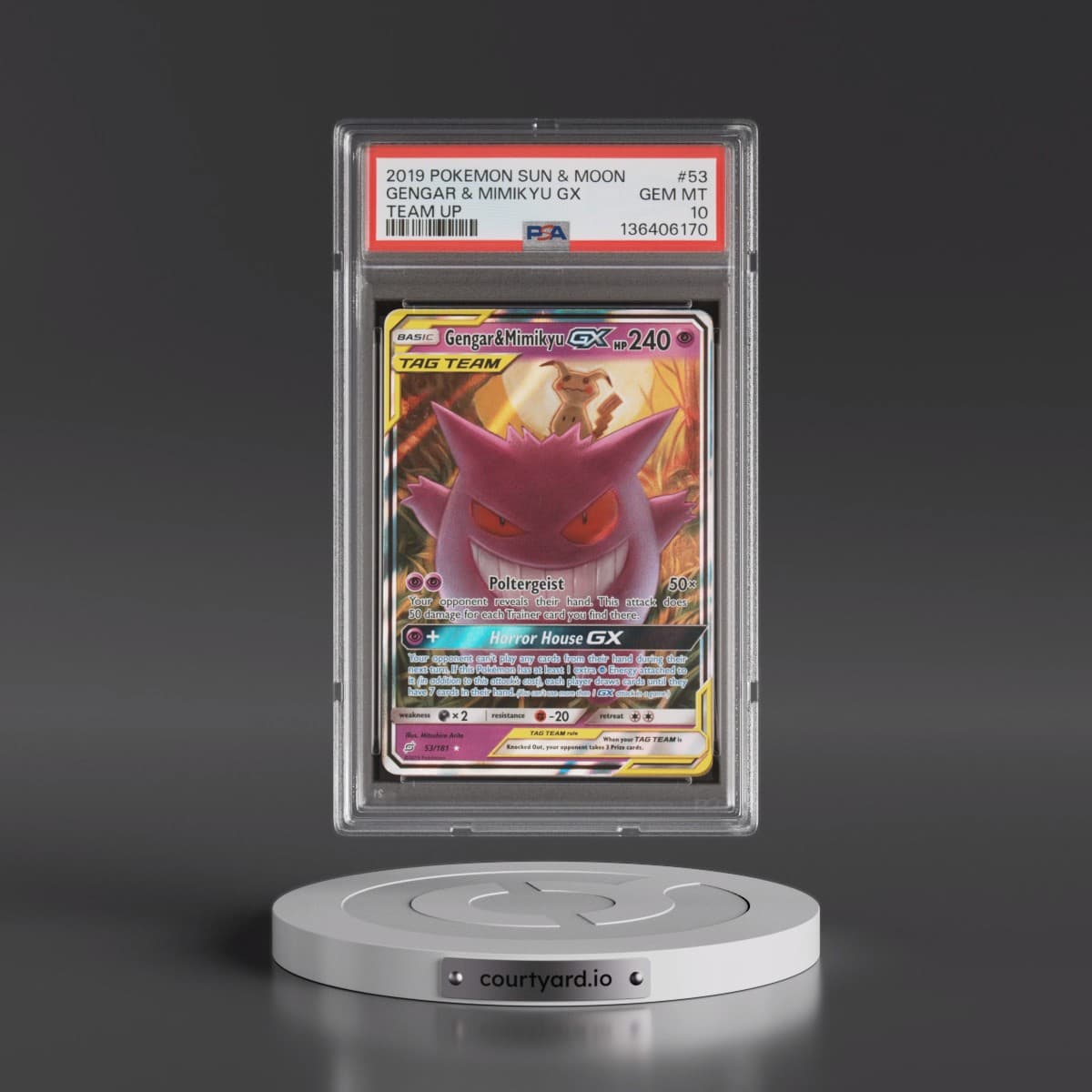 2019 Pokémon Sun & Moon Team Up #53 Gengar & Mimikyu GX - Holo (PSA 10 GEM MINT)