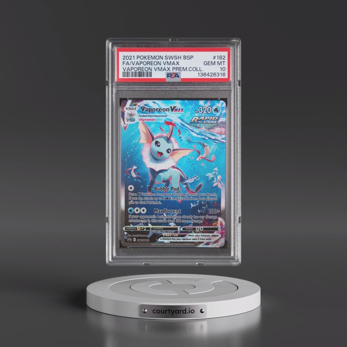 2021 Pokémon Swsh Black Star Promo #182 Vaporeon Vmax - Full Art Vaporeon Vmax Premium Collection (PSA 10 GEM MINT)