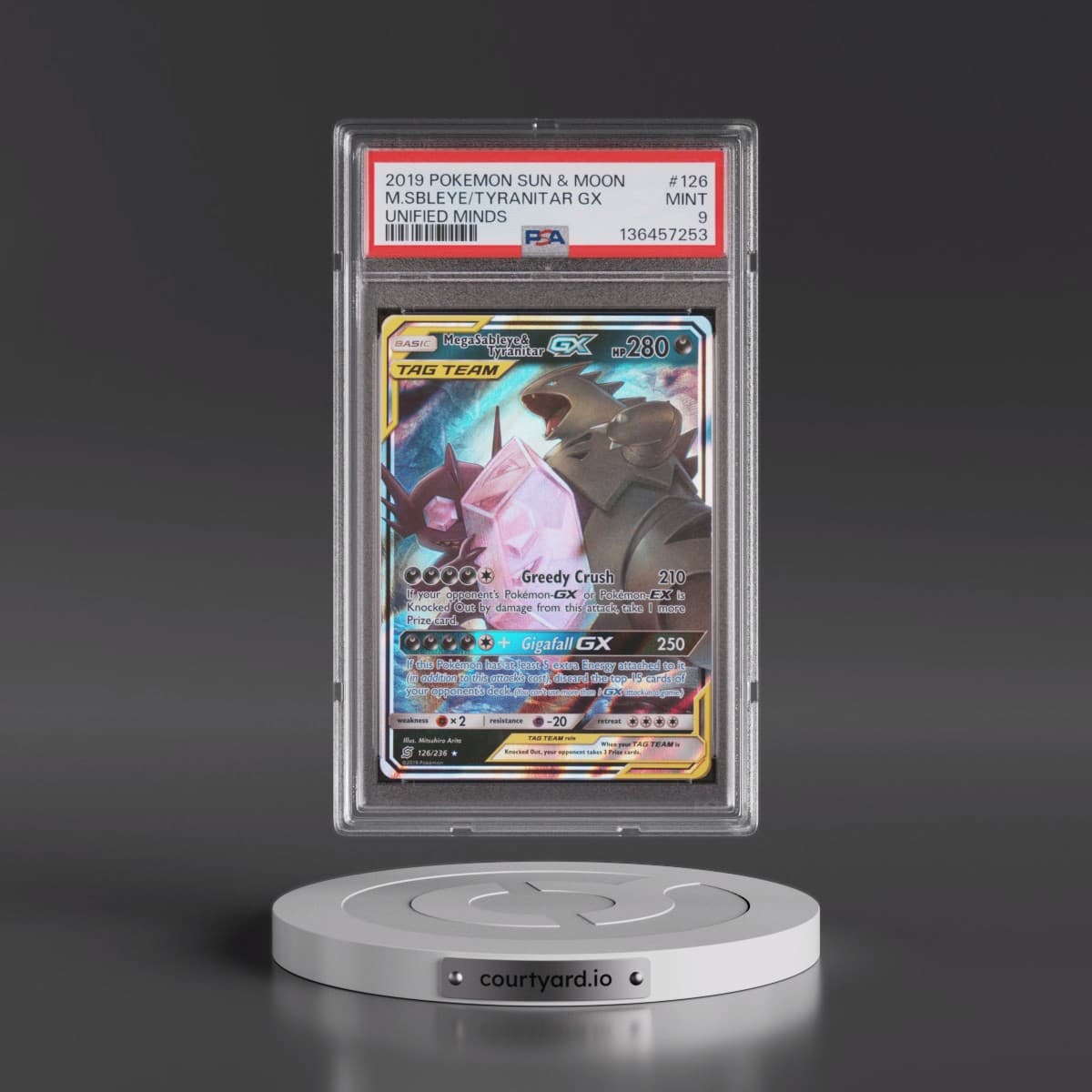 2019 Pokémon Sun & Moon Unified Minds #126 Mega Sableye & Tyranitar GX - Holo (PSA 9 MINT)