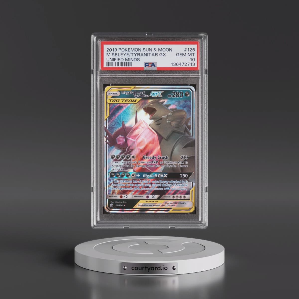 2019 Pokémon Sun & Moon Unified Minds #126 Mega Sableye & Tyranitar GX - Holo (PSA 10 GEM MINT)
