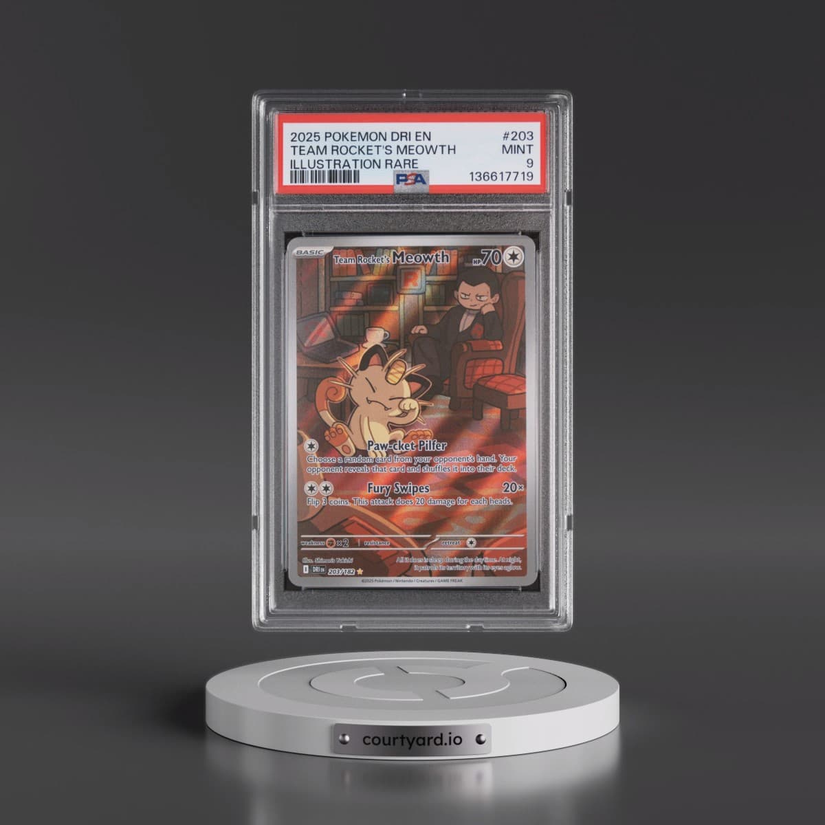 2025 Pokémon Dri EN-Destined Rivals #203 Team Rocket's Meowth - Illustration Rare (PSA 9 MINT)
