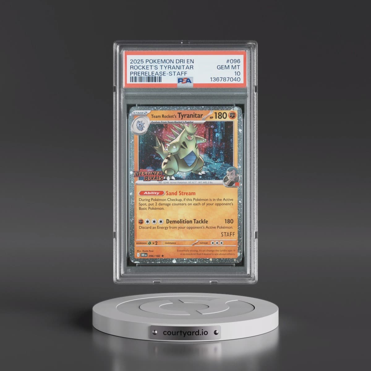 2025 Pokémon Dri EN-Destined Rivals #096 Team Rocket's Tyranitar - Prerelease-Staff (PSA 10 GEM MINT)