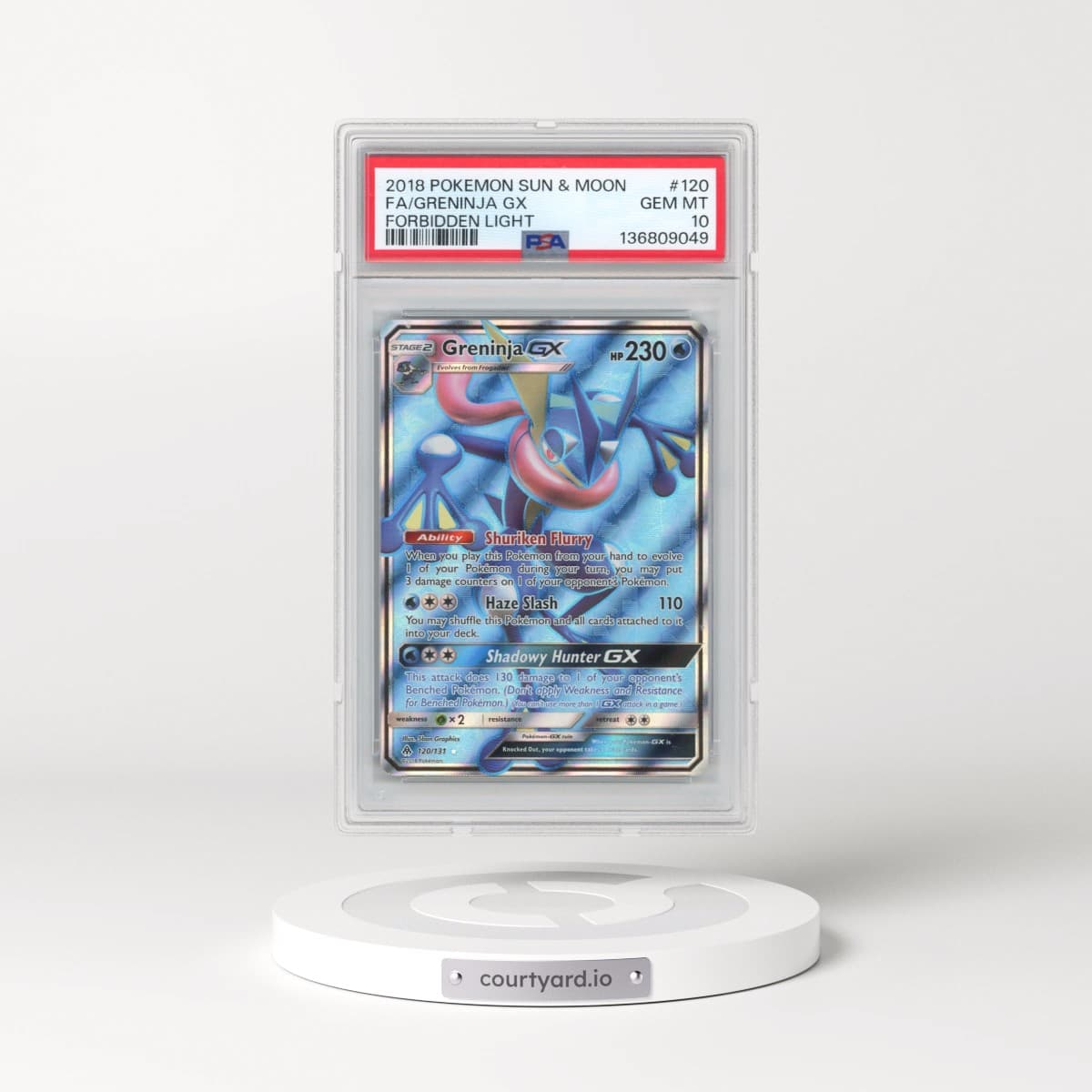 2018 Pokémon Sun & Moon Forbidden Light #120 Greninja GX - Holo Full Art (PSA 10 GEM MINT)