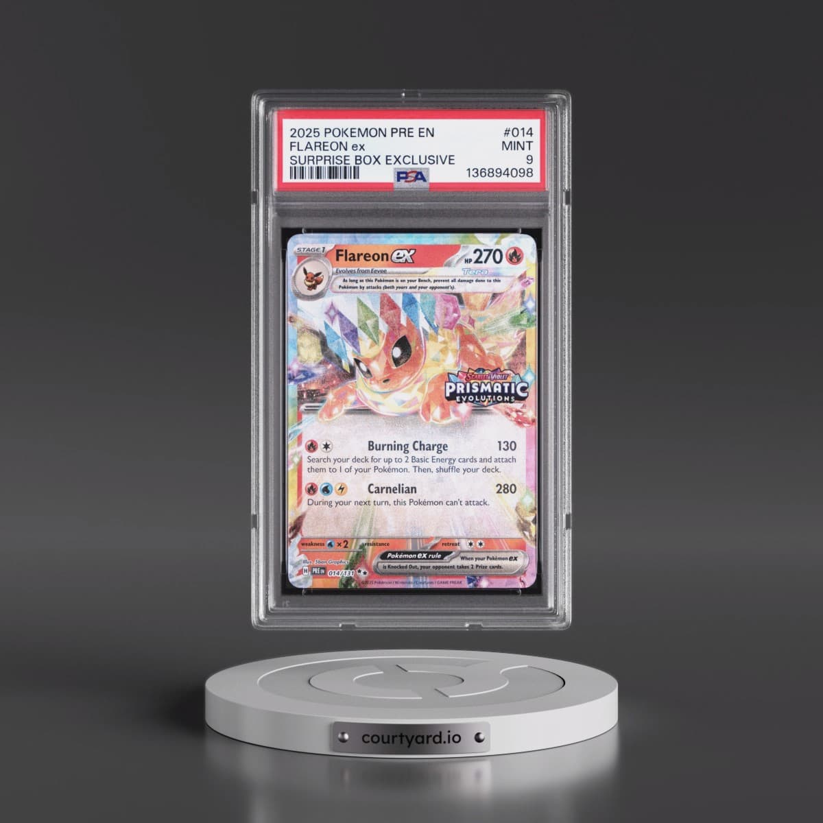 2025 Pokémon Pre EN-Prismatic Evolutions #014 Flareon EX - Holo Surprise Box Exclusive (PSA 9 MINT)