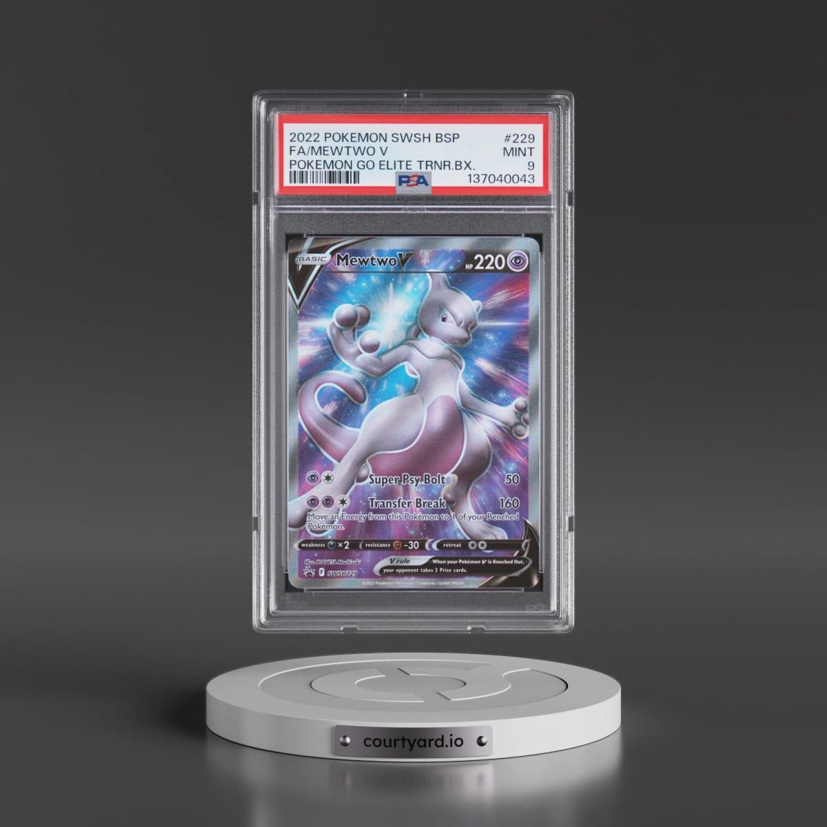 2022 Pokémon Swsh Black Star Promo #229 Mewtwo V - Holo Full Art Pokemon Go Elite Trainer Box (PSA 9 MINT)