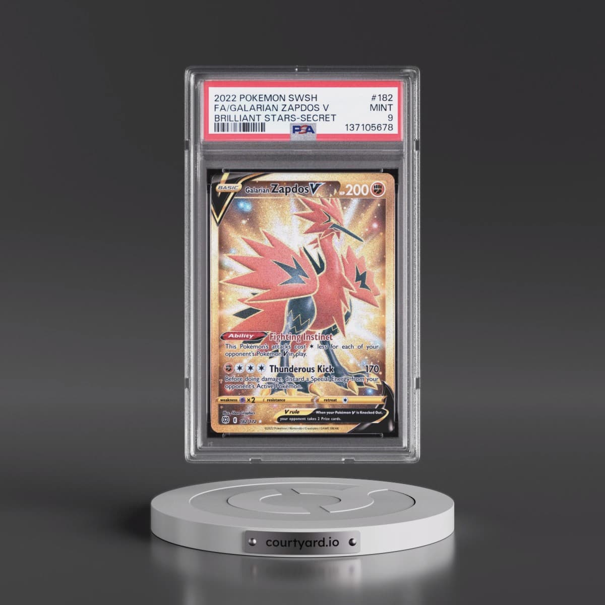 2022 Pokémon Sword & Shield Brilliant Stars #182 Galarian Zapdos V - Holo Full Art Secret (PSA 9 MINT)