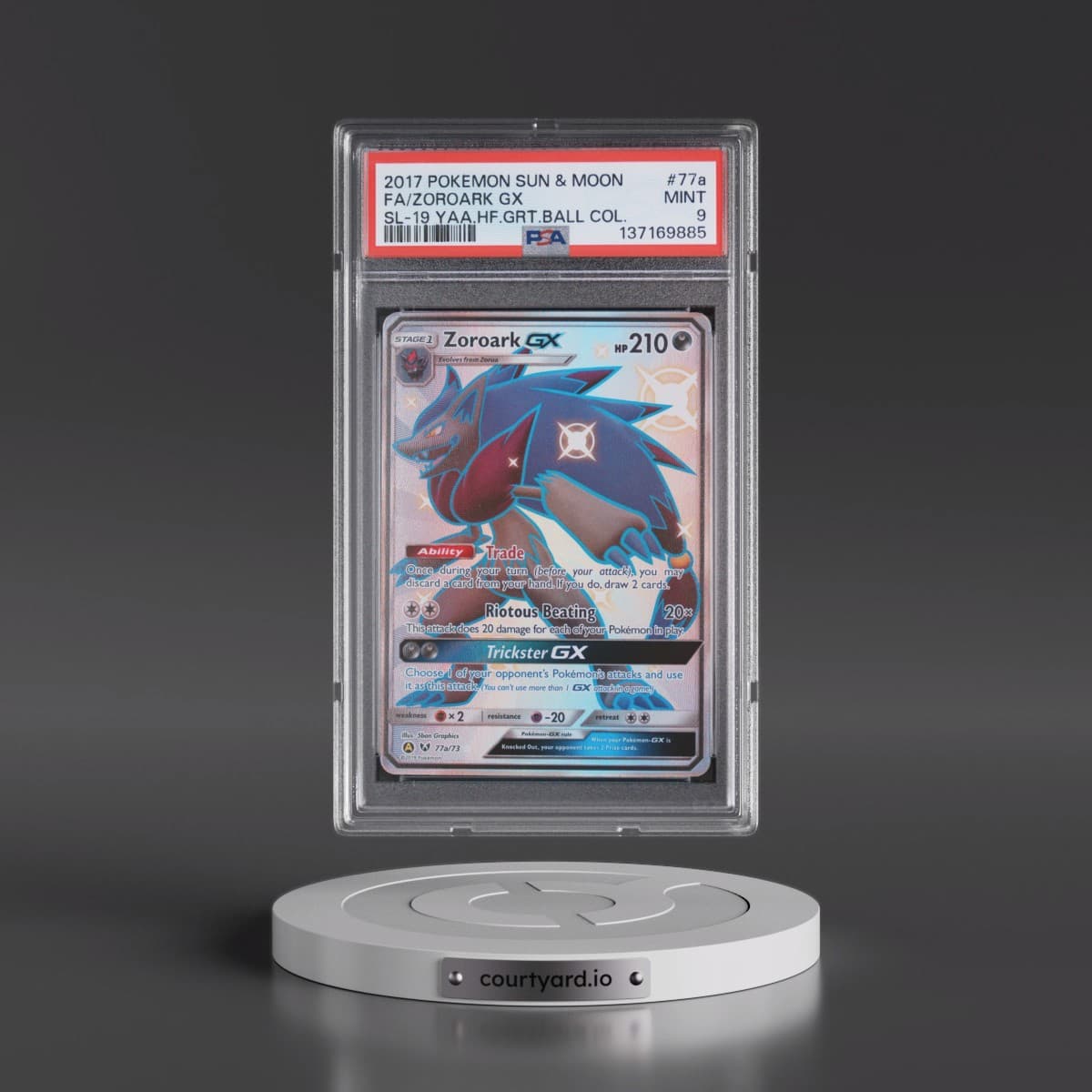 2017 Pokémon Sun & Moon Shining Legends #77a Zoroark GX - Holo Full Art 2019 Yellow A Alternate Art Hidden Fates Great Ball Collection (PSA 9 MINT)