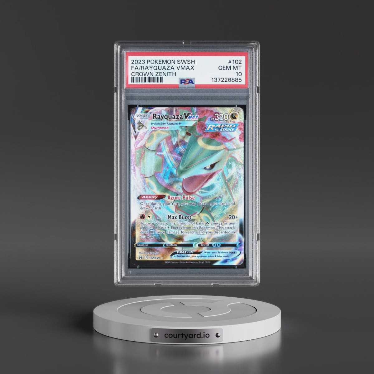 2023 Pokémon Sword and Shield Crown Zenith #102 Rayquaza Vmax - Full Art (PSA 10 GEM MINT)
