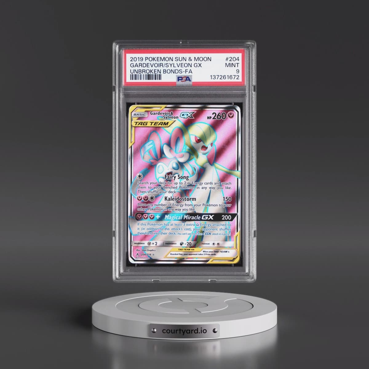 2019 Pokémon Sun & Moon Unbroken Bonds #204 Gardevoir & Sylveon GX - Holo Full Art (PSA 9 MINT)