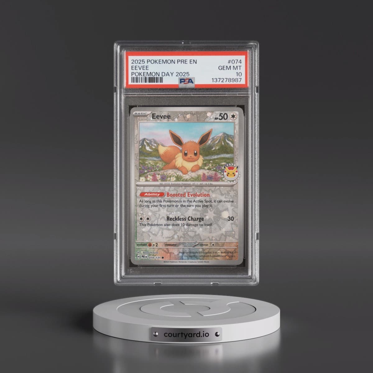 2025 Pokémon Pre EN-Prismatic Evolutions #074 Eevee - Pokemon Day 2025 (PSA 10 GEM MINT)
