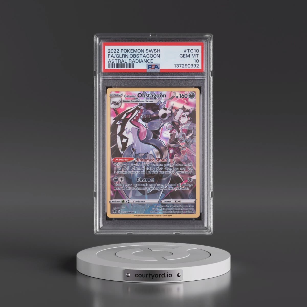 2022 Pokémon Sword & Shield Astral Radiance #TG10 Galarian Obstagoon - Full Art (PSA 10 GEM MINT)