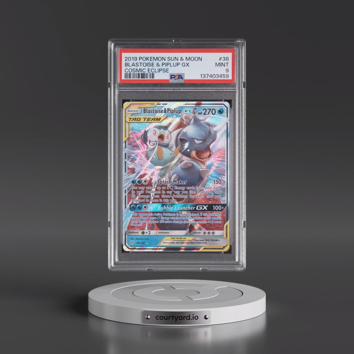 2019 Pokémon Sun & Moon Cosmic Eclipse #38 Blastoise & Piplup GX - Holo (PSA 9 MINT)
