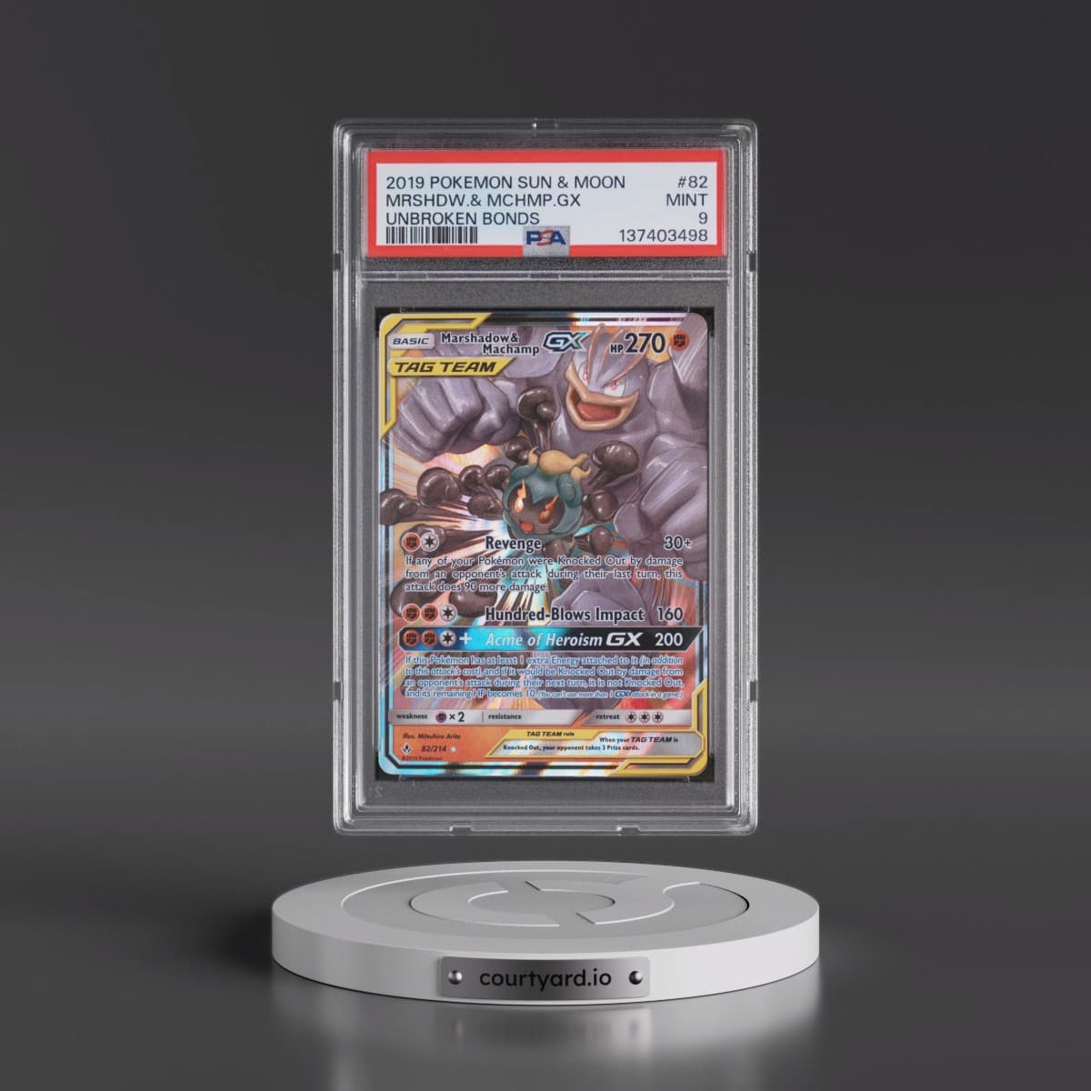 2019 Pokémon Sun & Moon Unbroken Bonds #82 Marshadow & Machamp GX - Holo (PSA 9 MINT)