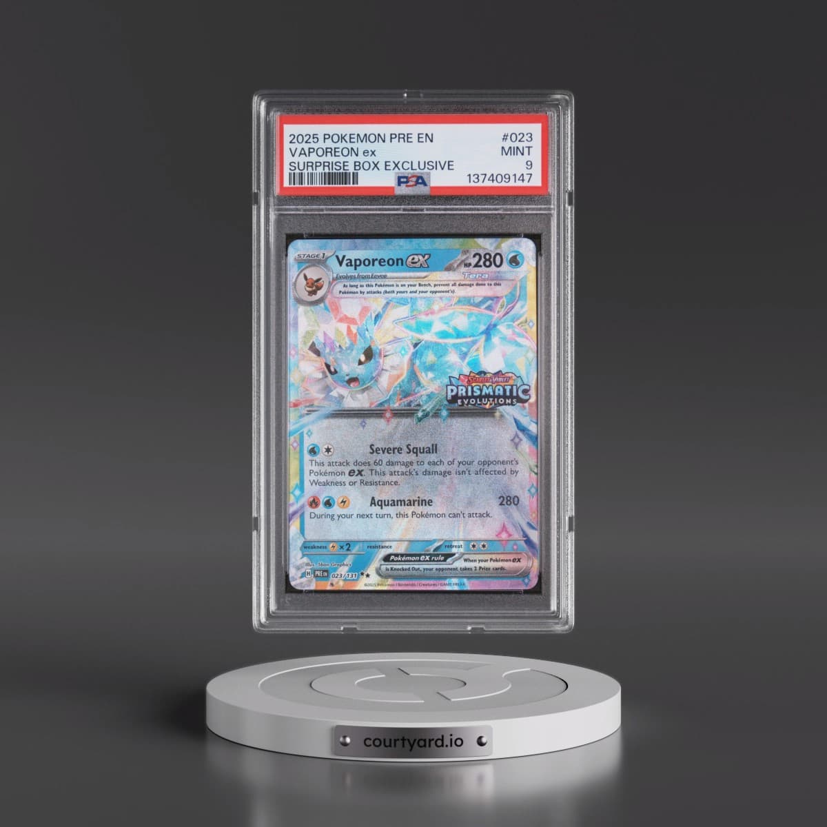 2025 Pokémon Pre EN-Prismatic Evolutions #023 Vaporeon EX - Holo Surprise Box Exclusive (PSA 9 MINT)