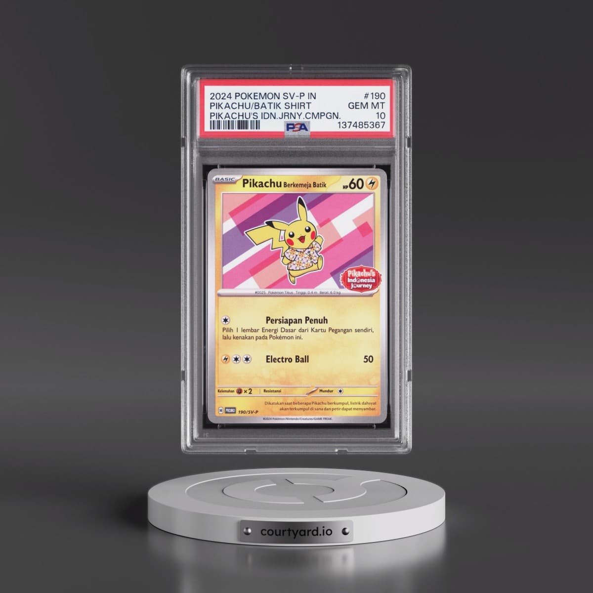 2024 Pokémon SV-P Promo #190 Pikachu in Batik Shirt - Pikachu's Indonesia Journey Campaign (PSA 10 GEM MINT)