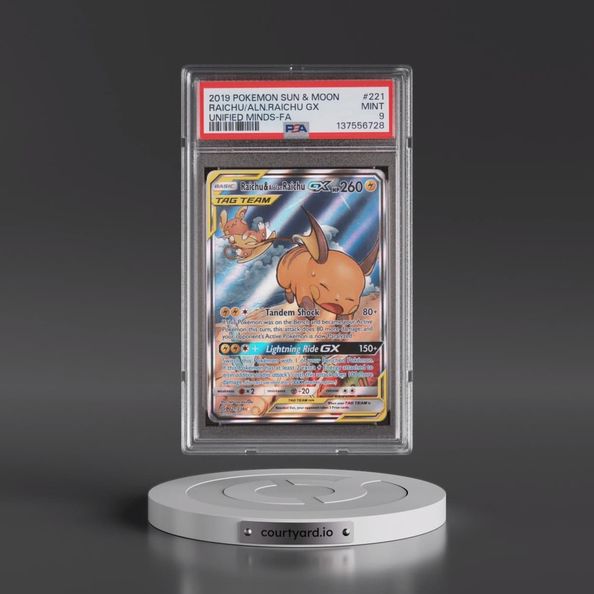 2019 Pokémon Sun & Moon Unified Minds #221 Raichu & Alolan Raichu GX - Holo Full Art (PSA 9 MINT)