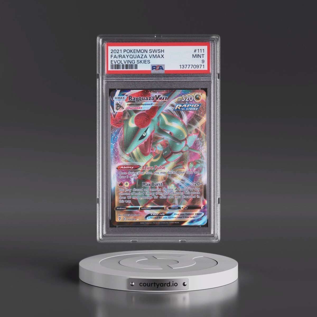 2021 Pokémon Sword & Shield Evolving Skies #111 Rayquaza Vmax - Full Art (PSA 9 MINT)