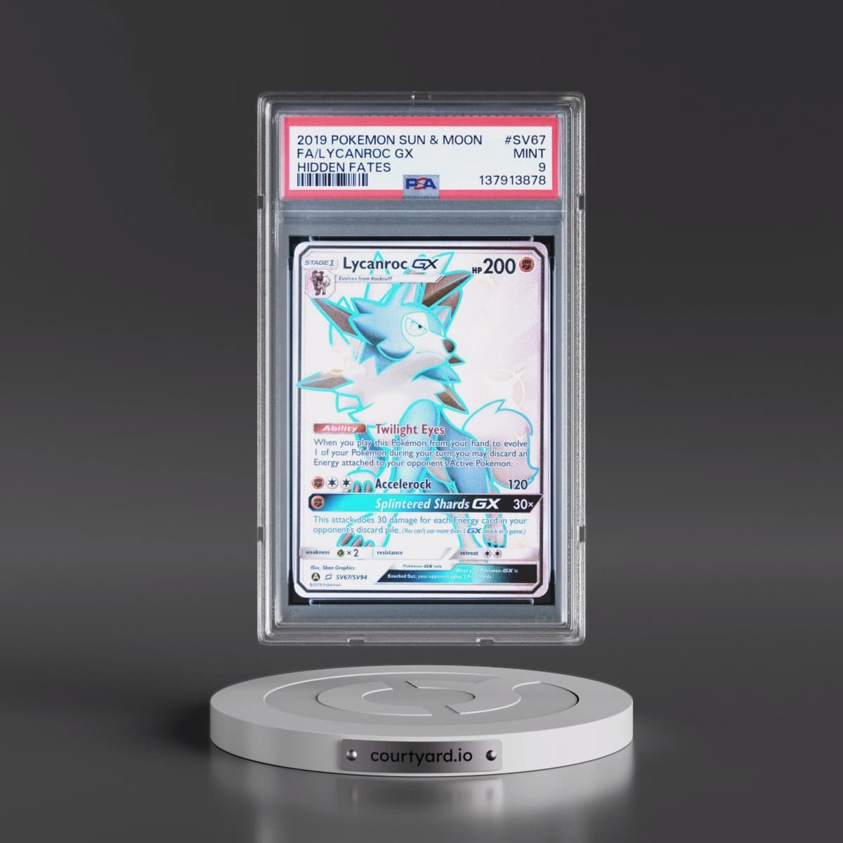 2019 Pokémon Sun & Moon Hidden Fates #SV67 Lycanroc GX - Holo Full Art (PSA 9 MINT)