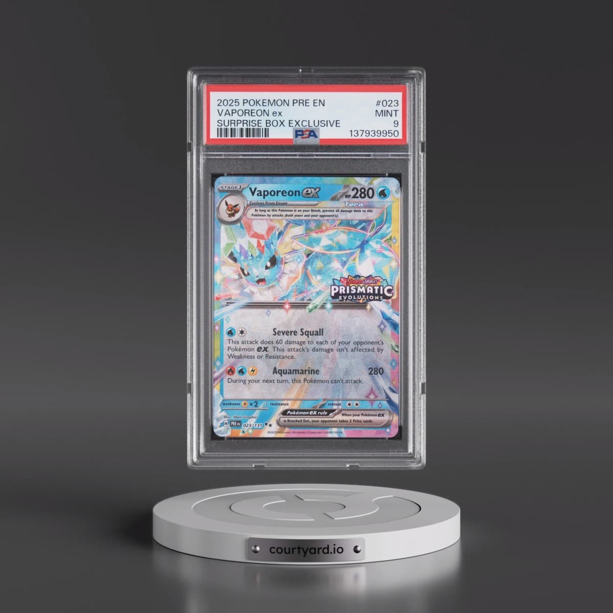 2025 Pokémon Pre EN-Prismatic Evolutions #023 Vaporeon EX - Holo Surprise Box Exclusive (PSA 9 MINT)