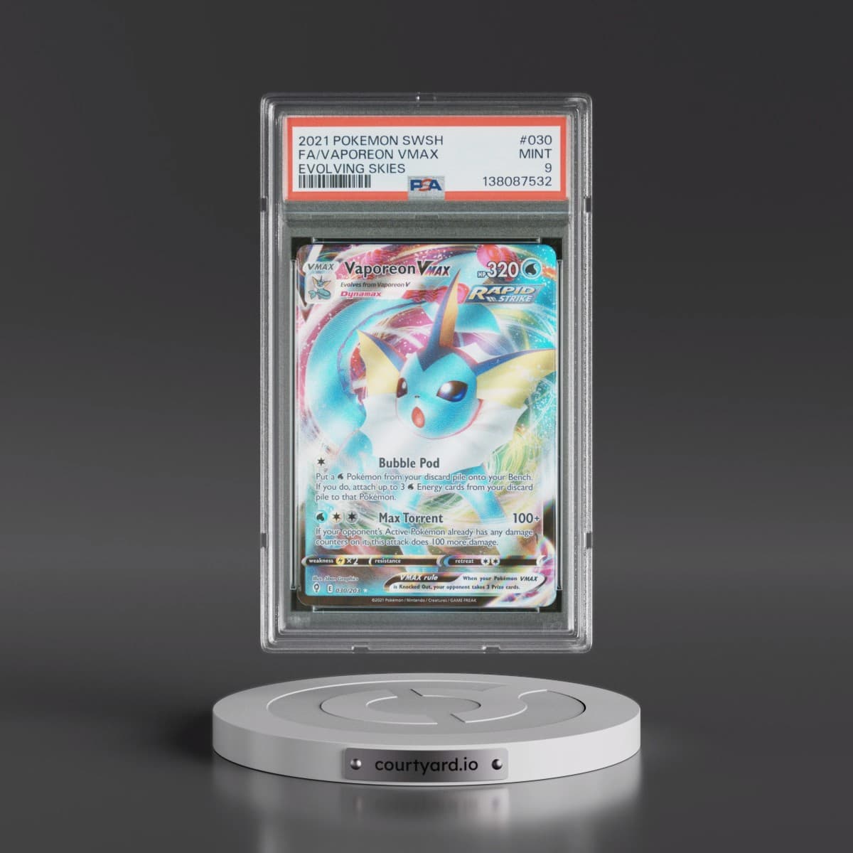 2021 Pokémon Sword & Shield Evolving Skies #030 Vaporeon Vmax - Full Art (PSA 9 MINT)
